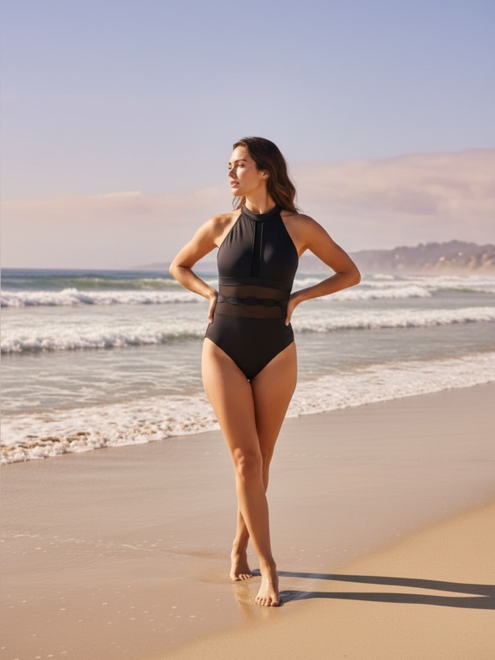 EUC La Blanca Black One Piece Swimsuit Mesh Panel High Neck Size 8